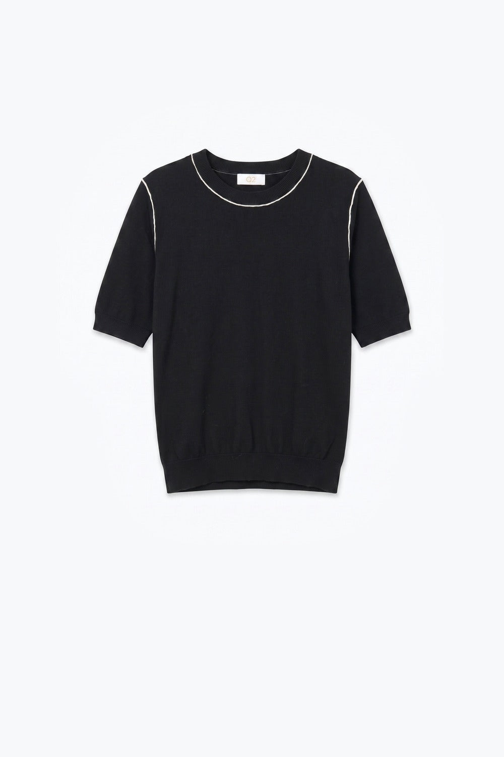 Black Fine Knit Contrast Seam Short Sleeve Sweater - Jumpers
