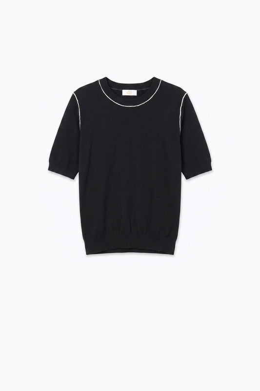 Black Fine Knit Contrast Seam Short Sleeve Sweater - Jumpers