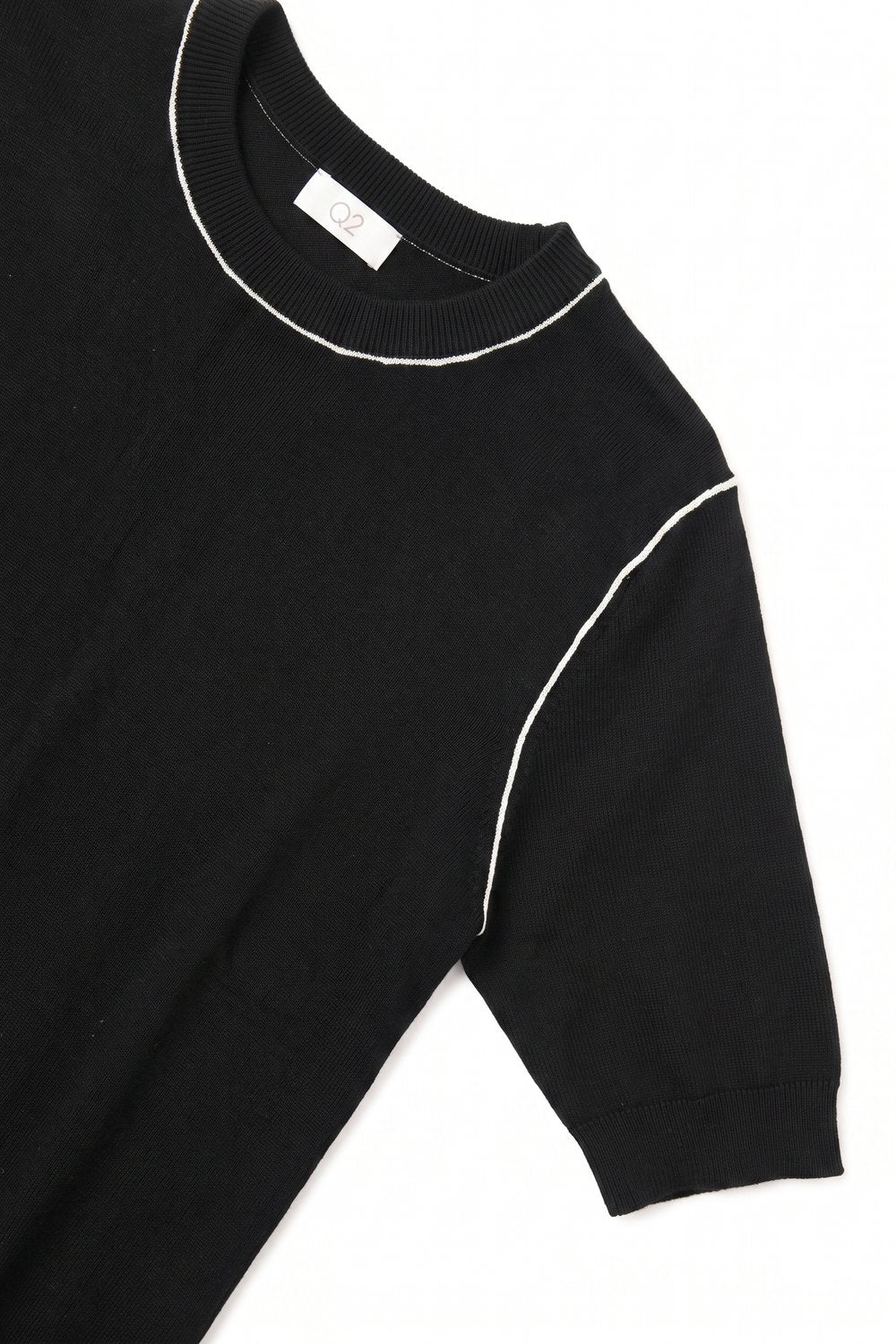 Black Fine Knit Contrast Seam Short Sleeve Sweater - Jumpers