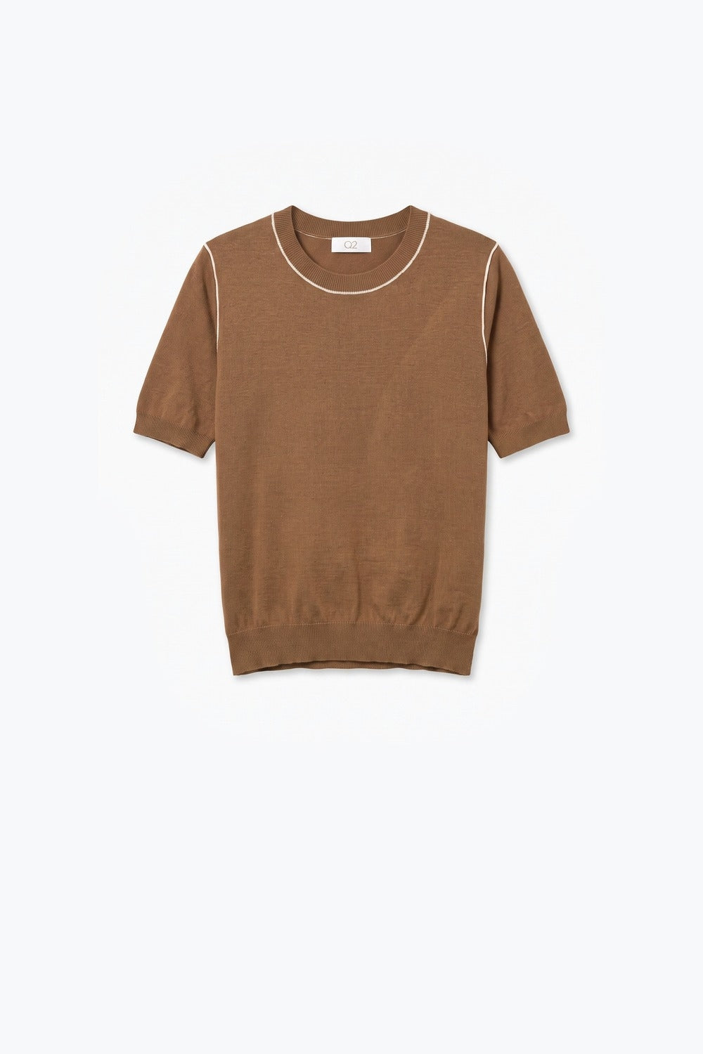 Camel Fine Knit Contrast Stitch Crew Neck Short Sleeve sweater - Jumpers