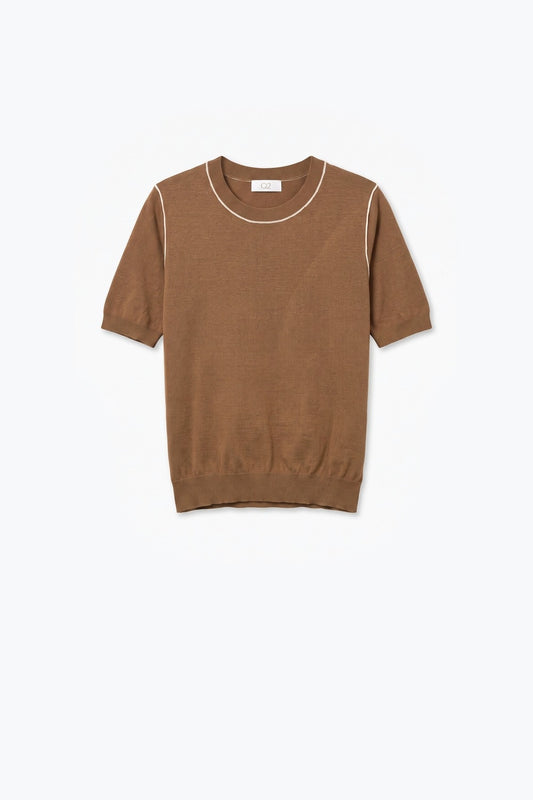 Camel Fine Knit Contrast Stitch Crew Neck Short Sleeve sweater - Jumpers