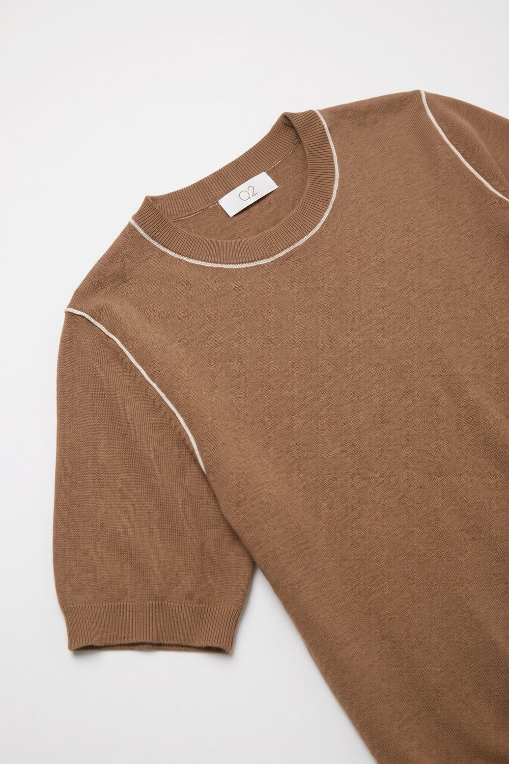 Camel Fine Knit Contrast Stitch Crew Neck Short Sleeve sweater - Jumpers