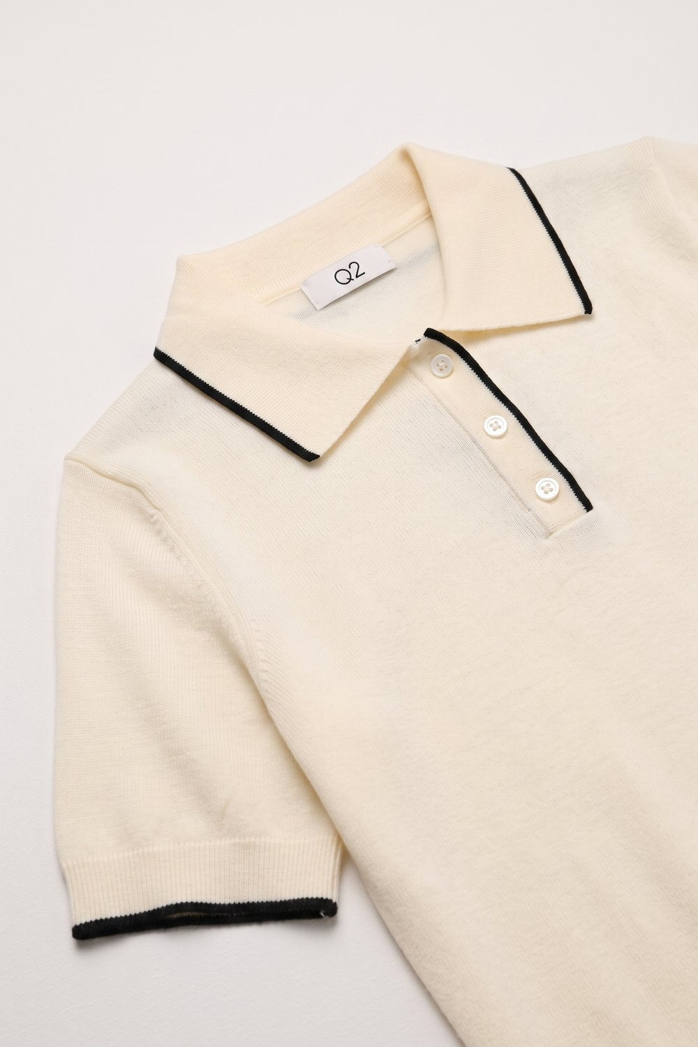 Cream Fine Knit Contrast Trim Button sweater with Polo neckline - Polos