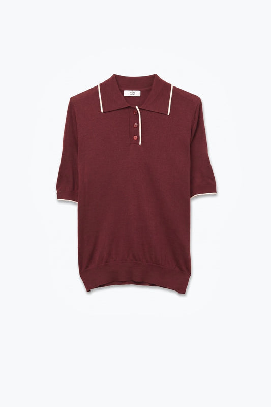 Burgundy Fine Knit Contrast Trim Short Sleeve Polo - Polos