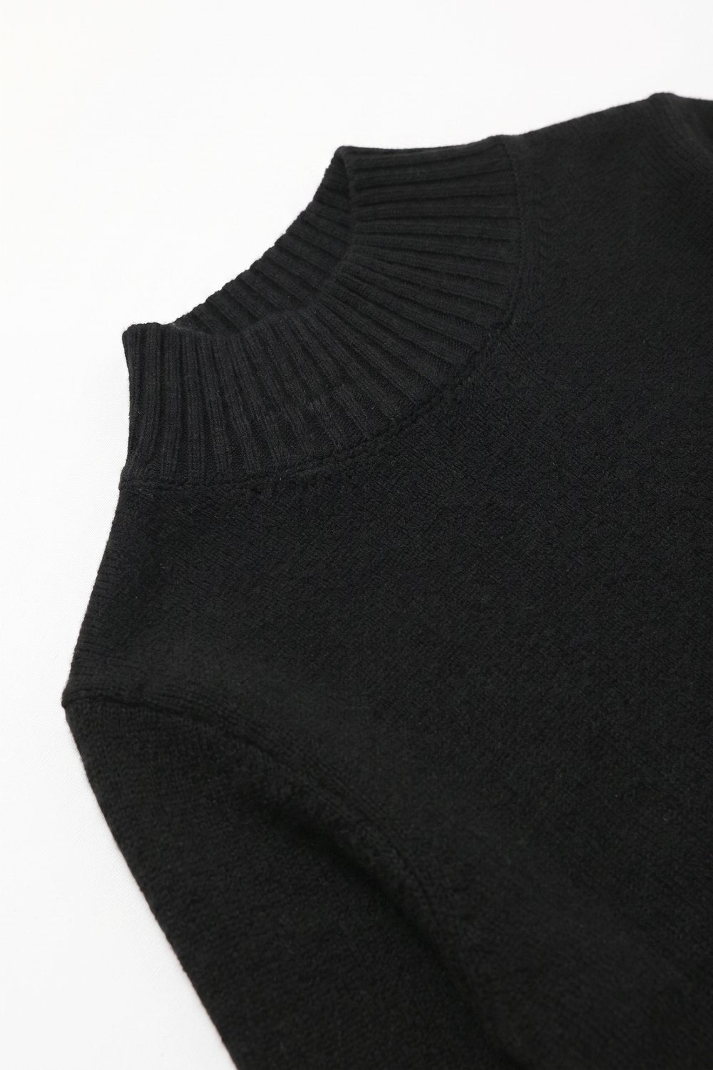 Black warm Ribbed Knit High Collar Relaxed Fit Sweater with elbow-length sleeve - Jumpers