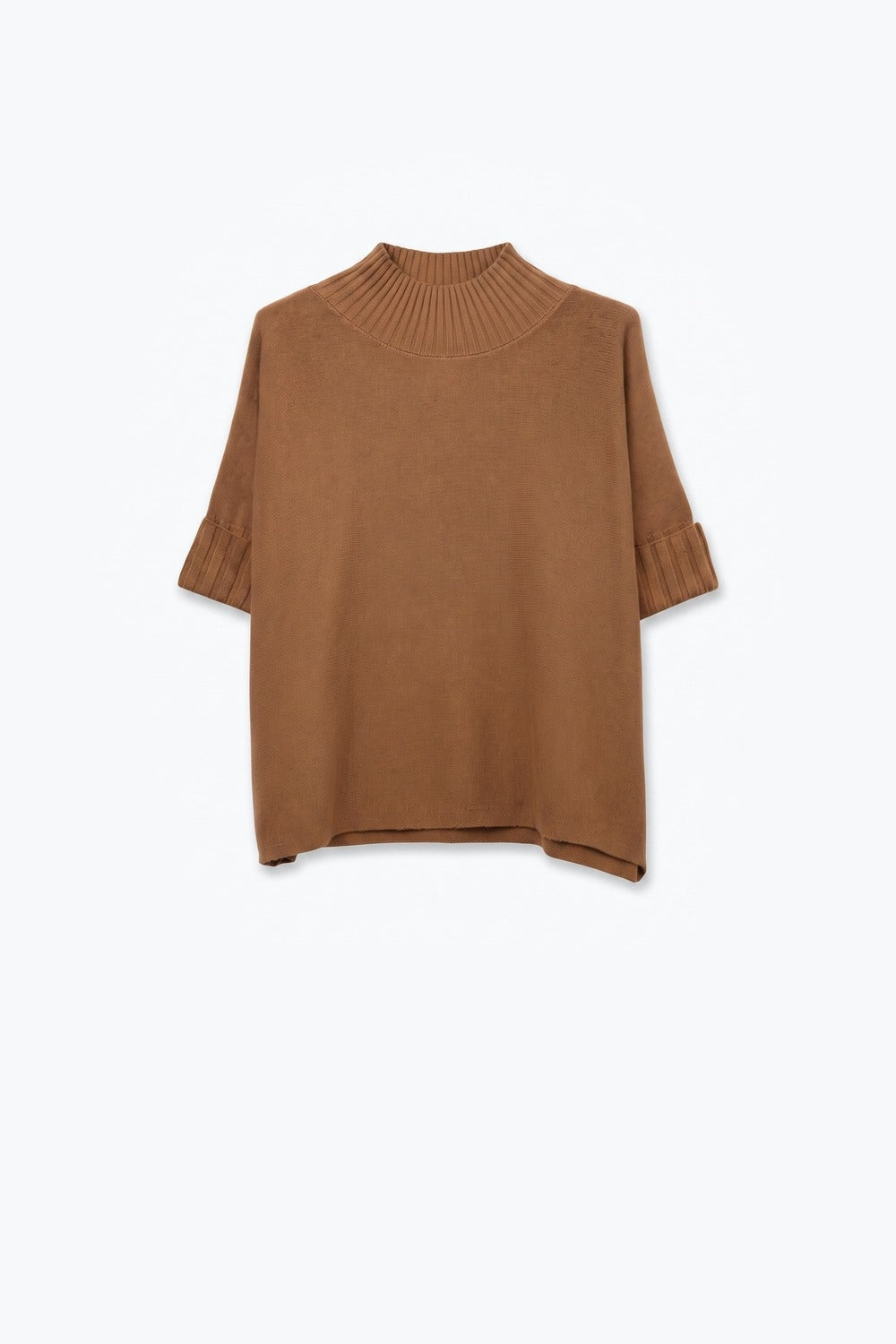 Camel chunky Ribbed knit High Collar Sweater with elbow-length sleeve - Jumpers