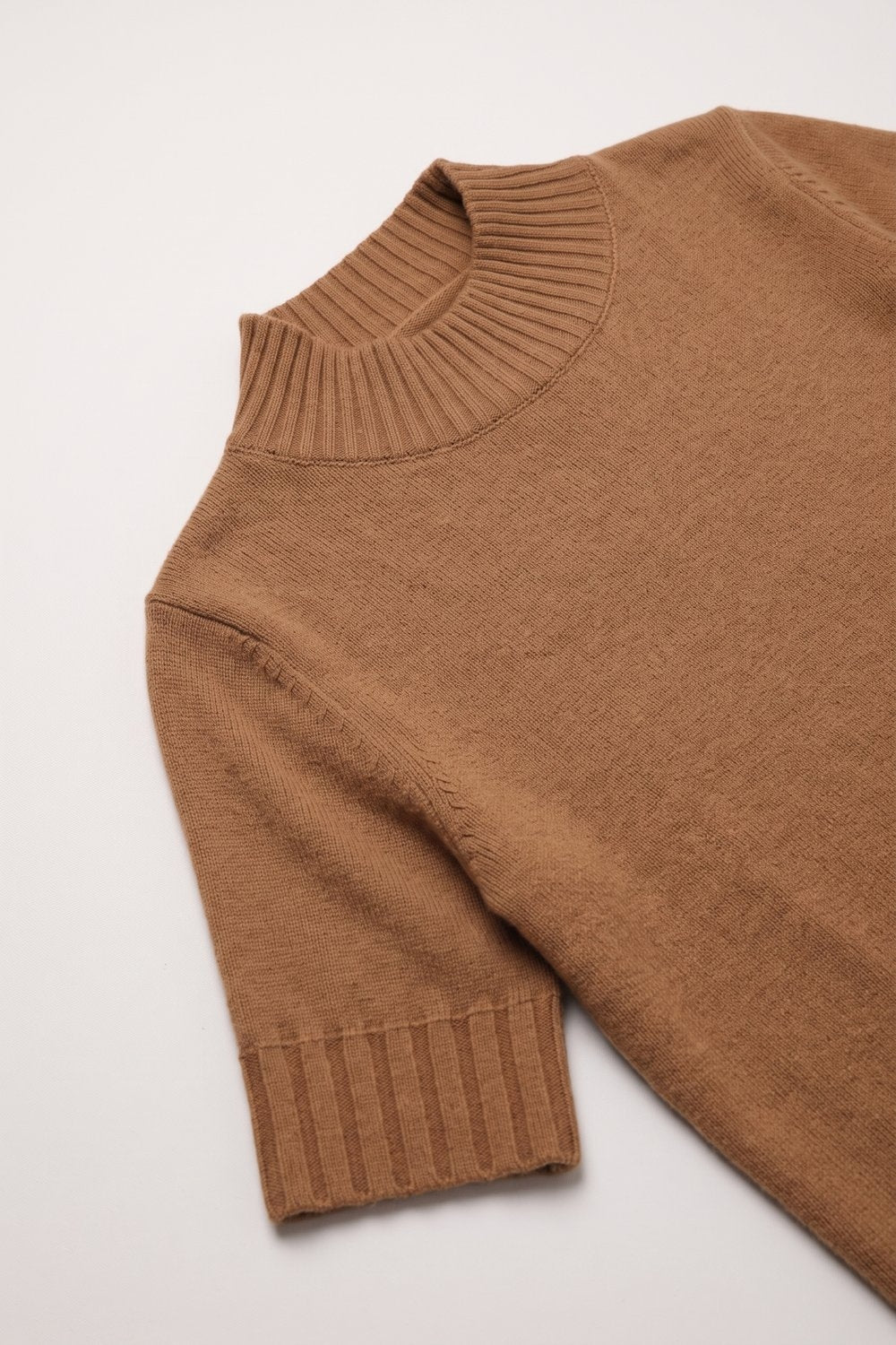 Camel chunky Ribbed knit High Collar Sweater with elbow-length sleeve - Jumpers