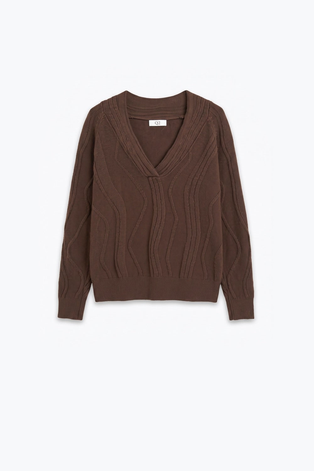 Textured Wave-Knit V-Neck Sweater in brown - Jumpers