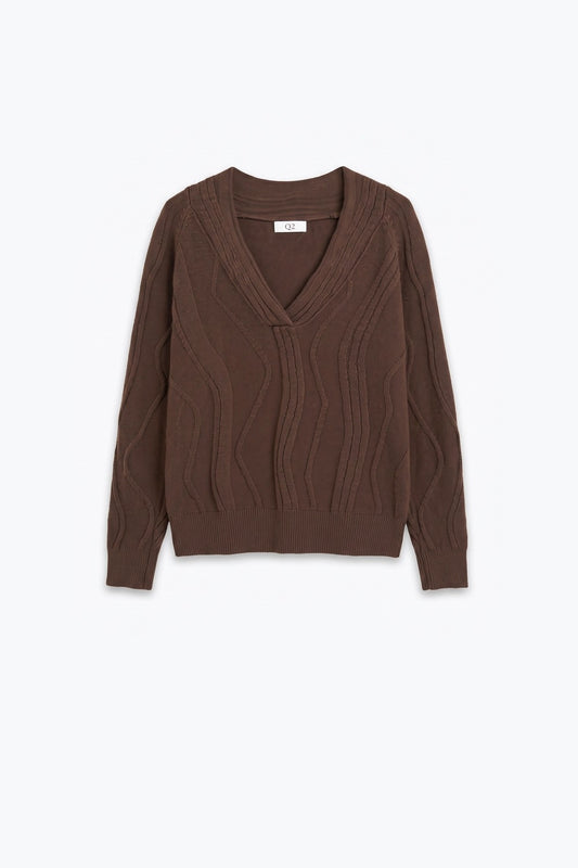 Textured Wave-Knit V-Neck Sweater in brown - Jumpers