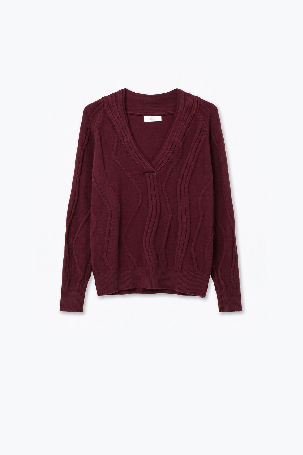 Textured Wave-Knit V-Neck Sweater in Burgundy - Jumpers
