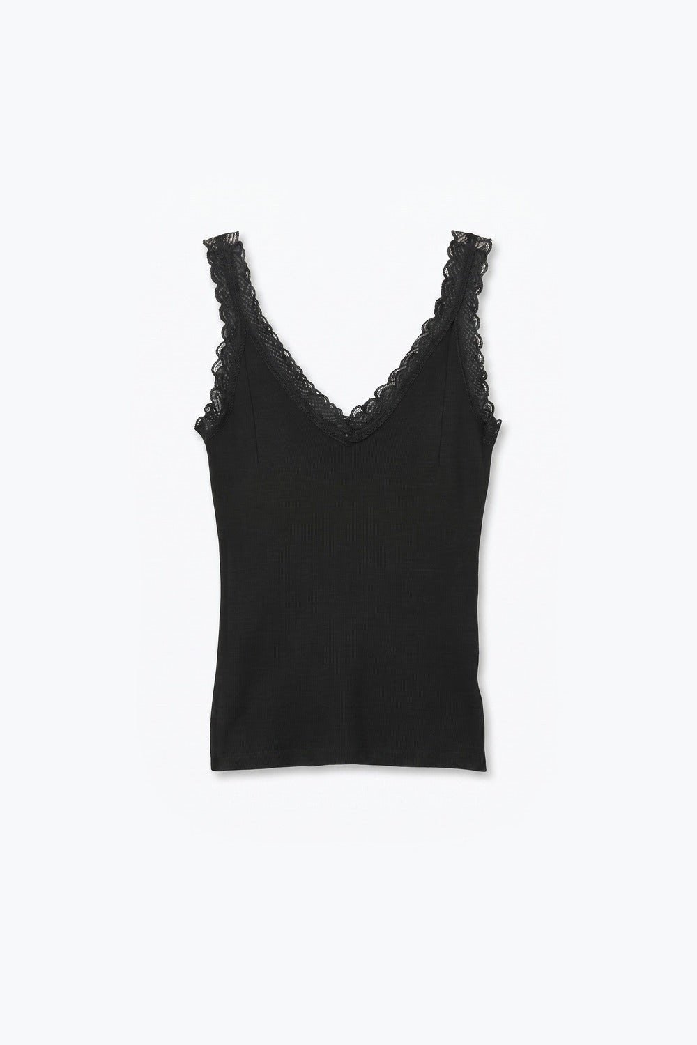 Black Ribbed Knit Lace Trim V-Neck Sleeveless Top - Tops