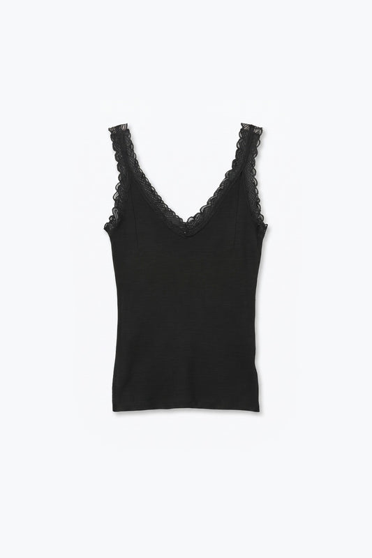 Black Ribbed Knit Lace Trim V-Neck Sleeveless Top - Tops