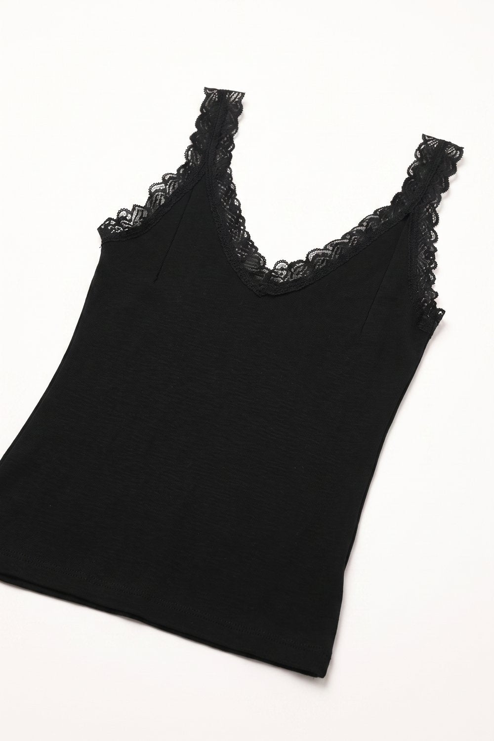 Black Ribbed Knit Lace Trim V-Neck Sleeveless Top - Tops