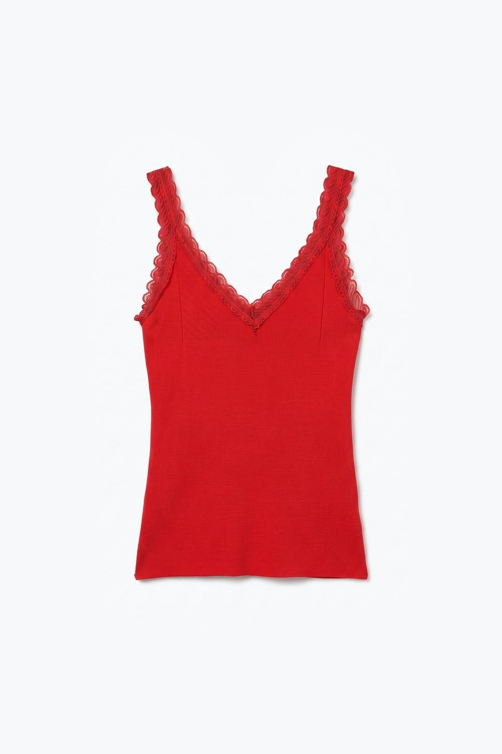 Red Ribbed Knit Lace Trim V-Neck Sleeveless Top - Tops