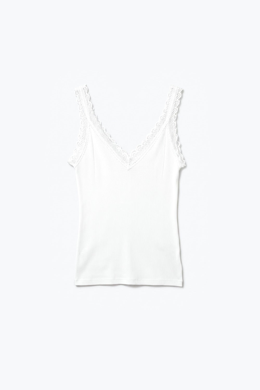 White Ribbed Knit Lace Trim V-Neck Sleeveless Top - Tops