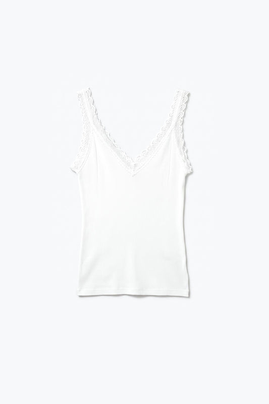 White Ribbed Knit Lace Trim V-Neck Sleeveless Top - Tops