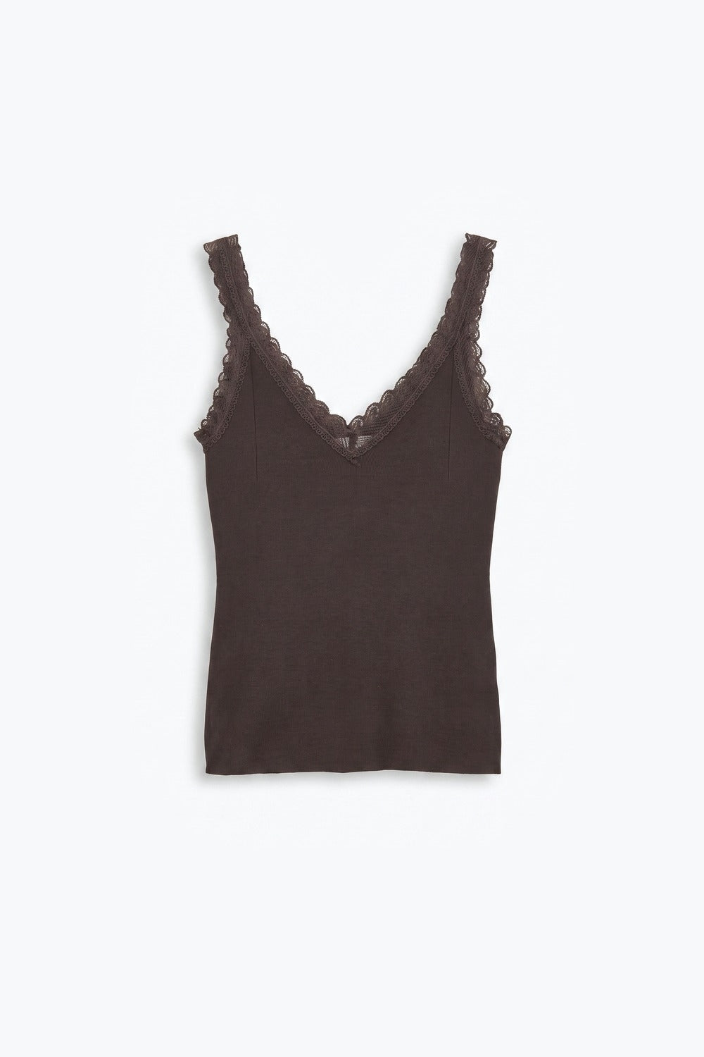 Brown Ribbed Knit Lace Trim V-Neck Tank Top - Tops