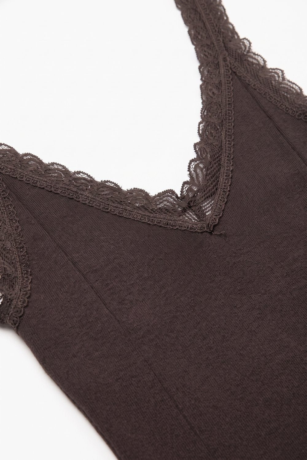 Brown Ribbed Knit Lace Trim V-Neck Tank Top - Tops