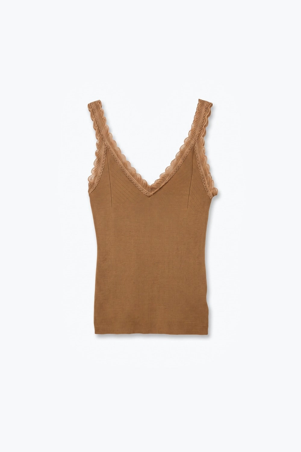 Fine-Knit Camisole with Contrast Lace Trim in camel - Tops