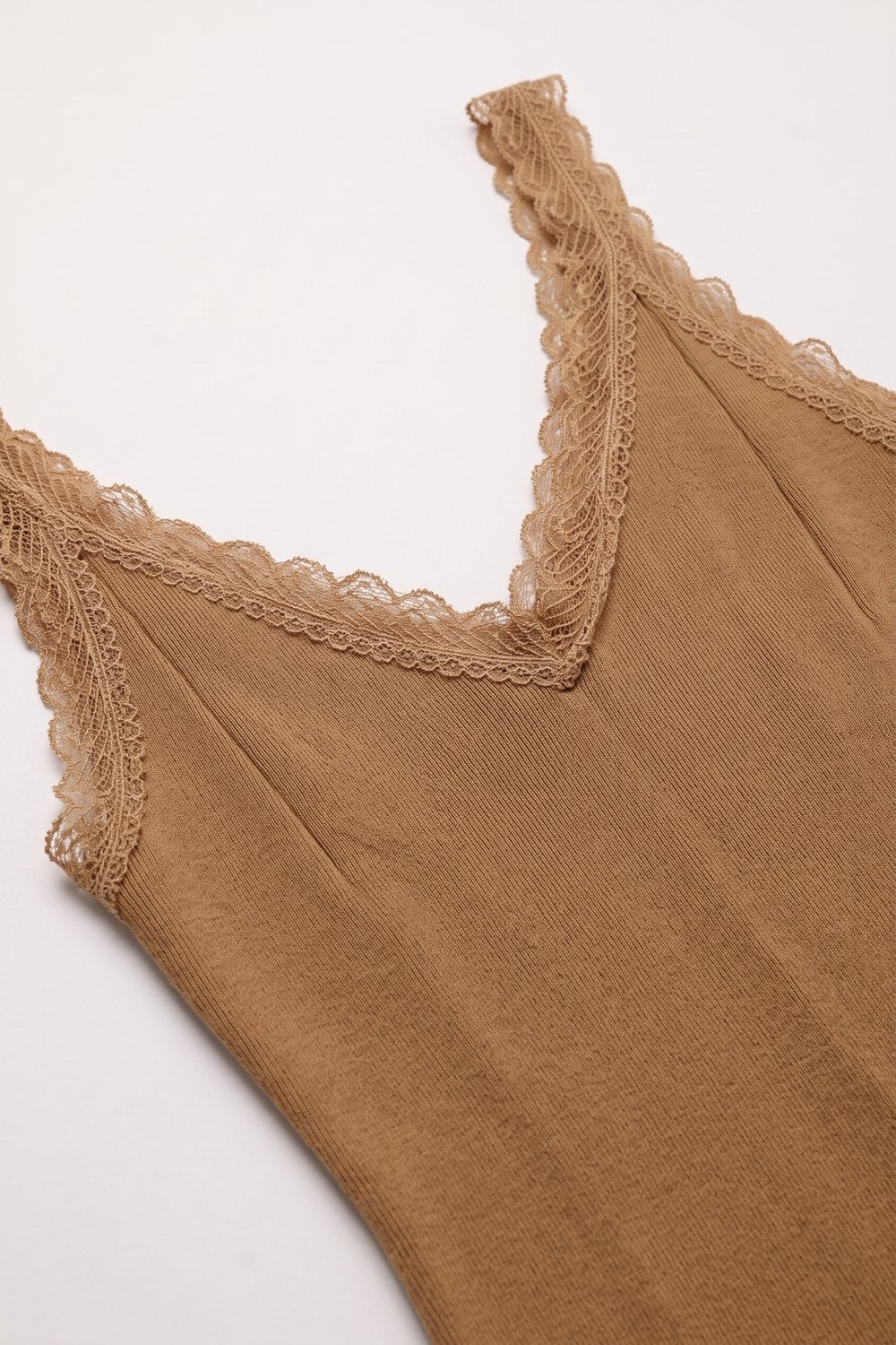 Fine-Knit Camisole with Contrast Lace Trim in camel - Tops