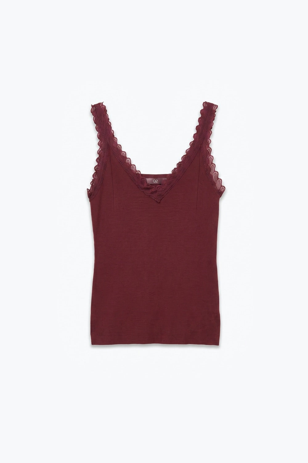 Burgundy Ribbed Knit Lace Trim V-Neck Sleeveless Top - Tops