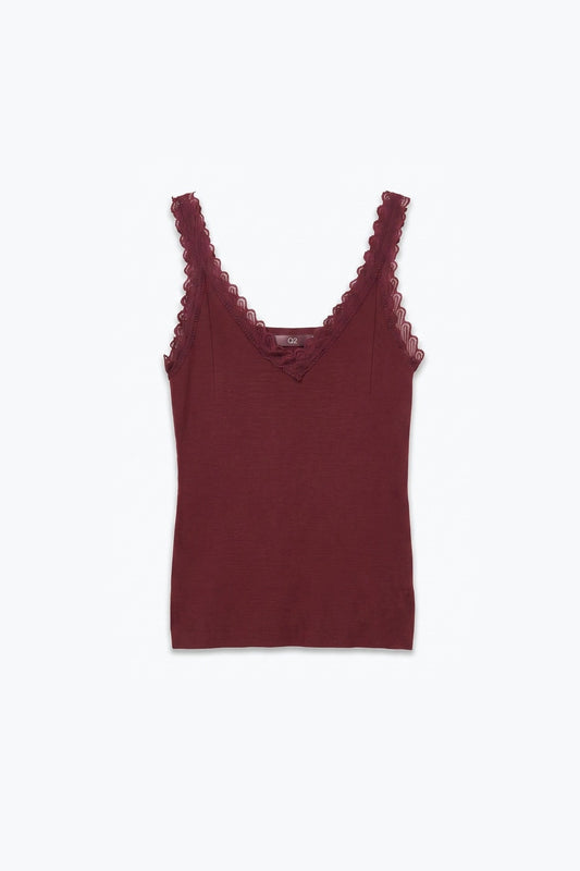 Burgundy Ribbed Knit Lace Trim V-Neck Sleeveless Top - Tops