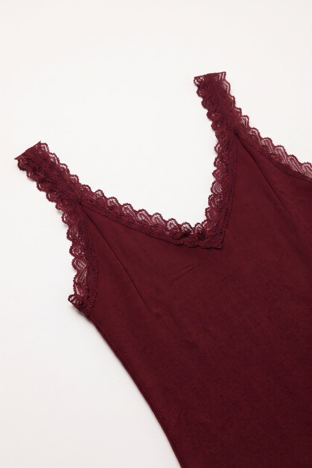 Burgundy Ribbed Knit Lace Trim V-Neck Sleeveless Top - Tops