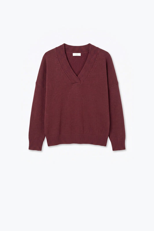 Burgundy warm Knit wide V-Neck sweater - Jumpers