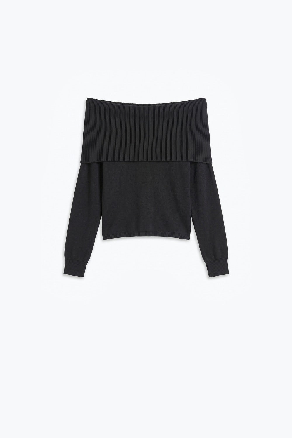 Black Ribbed Knit Off Shoulder Foldover Sweater - Jumpers