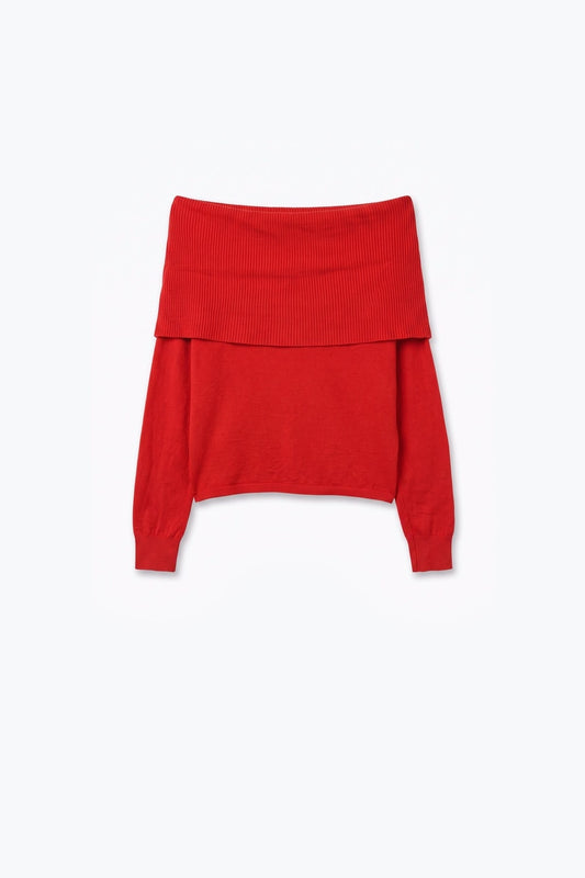 Red Ribbed Knit Foldover Off Shoulder Sweater - Jumpers