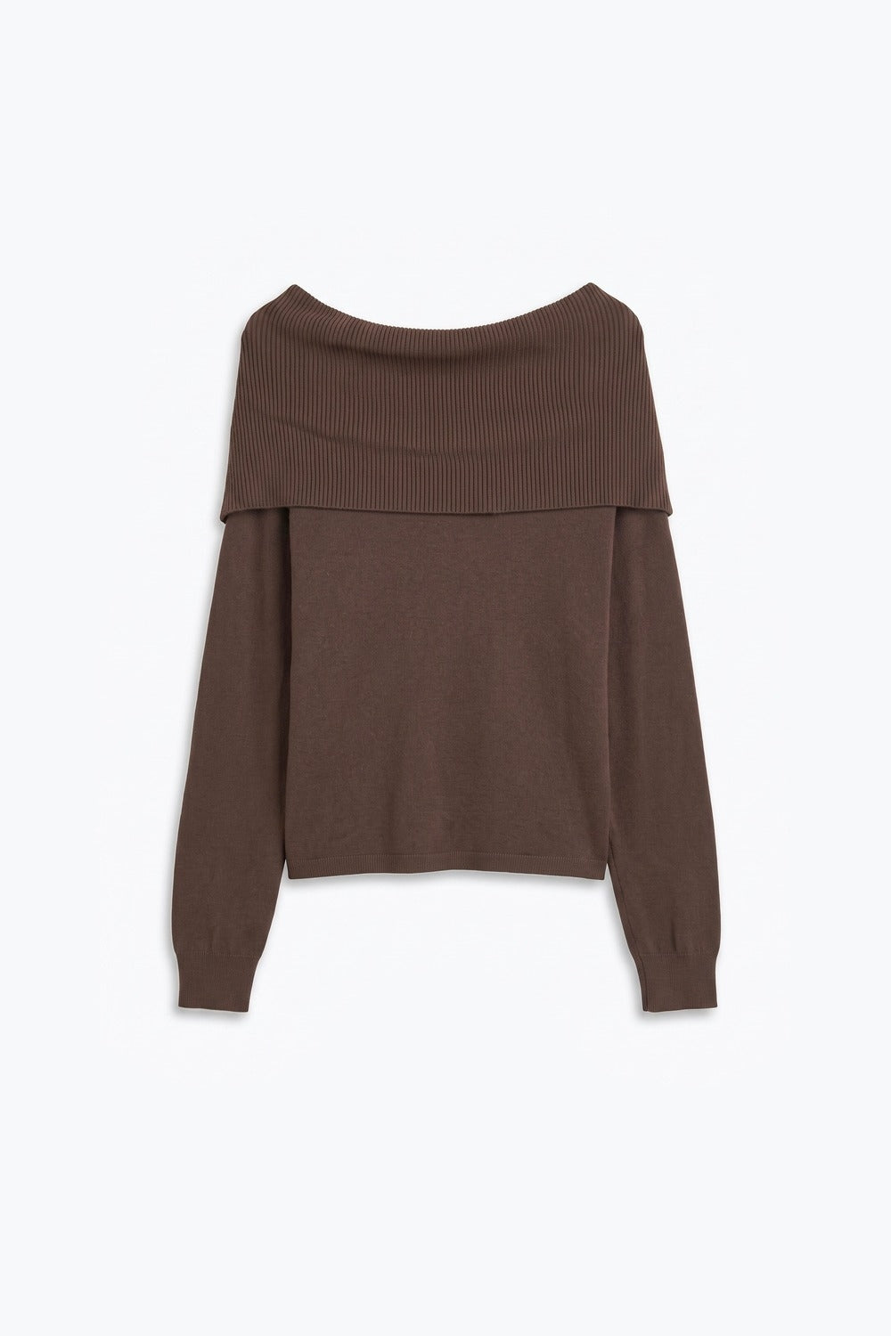 Brown Ribbed Knit Off Shoulder Long Sleeve Sweater - Jumpers