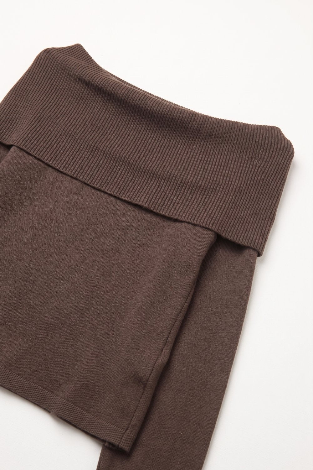 Brown Ribbed Knit Off Shoulder Long Sleeve Sweater - Jumpers