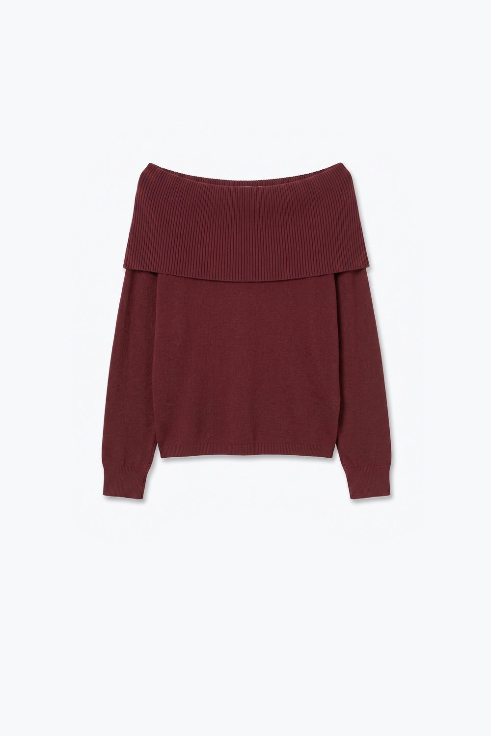 Burgundy Ribbed Knit Off Shoulder Long Sleeve Sweater - Jumpers