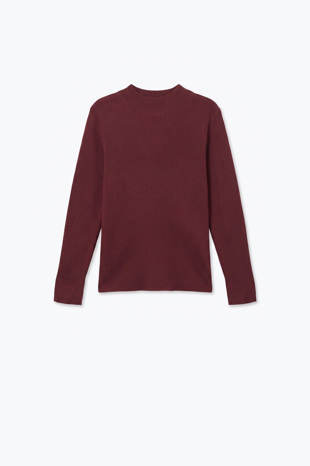 Fine Ribbed Merino Wool Sweater in Burgundy with Mock neck - Jumpers