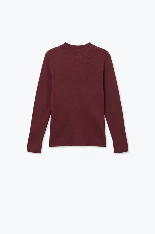 Fine Ribbed Merino Wool Sweater in Burgundy with Mock neck - Jumpers
