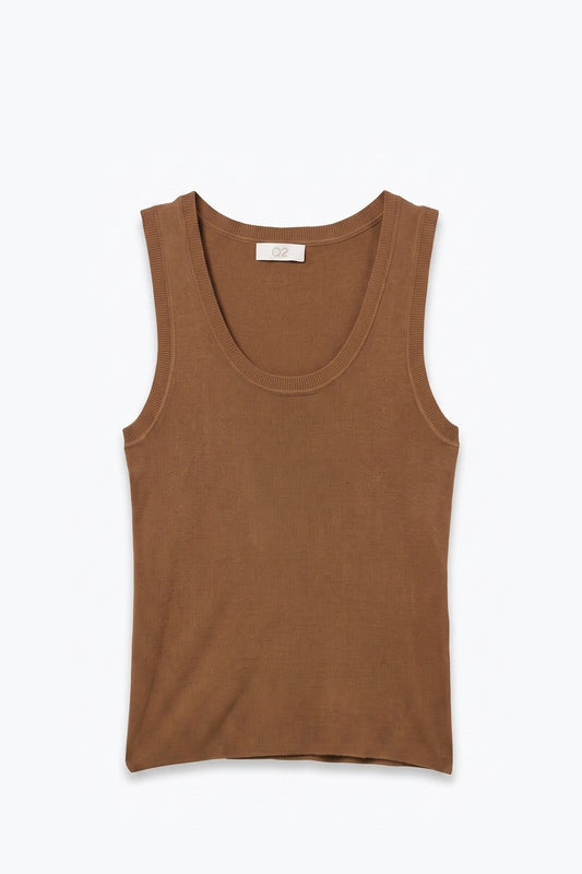 Camel Fine-Rib Knit Scoop Neck Sleeveless sweater with Wide Straps - Tops