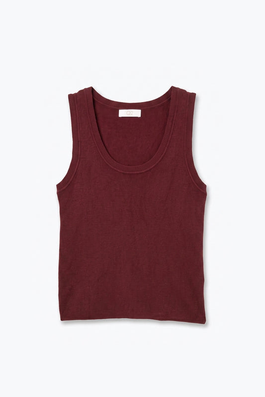 Burgundy Fine-Rib Knit Scoop Neck Sleeveless sweater with Wide Straps - Tops