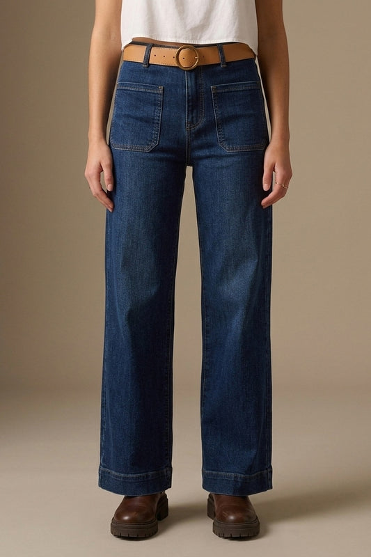 Dark wash jeans with wide leg and pockets - Denim