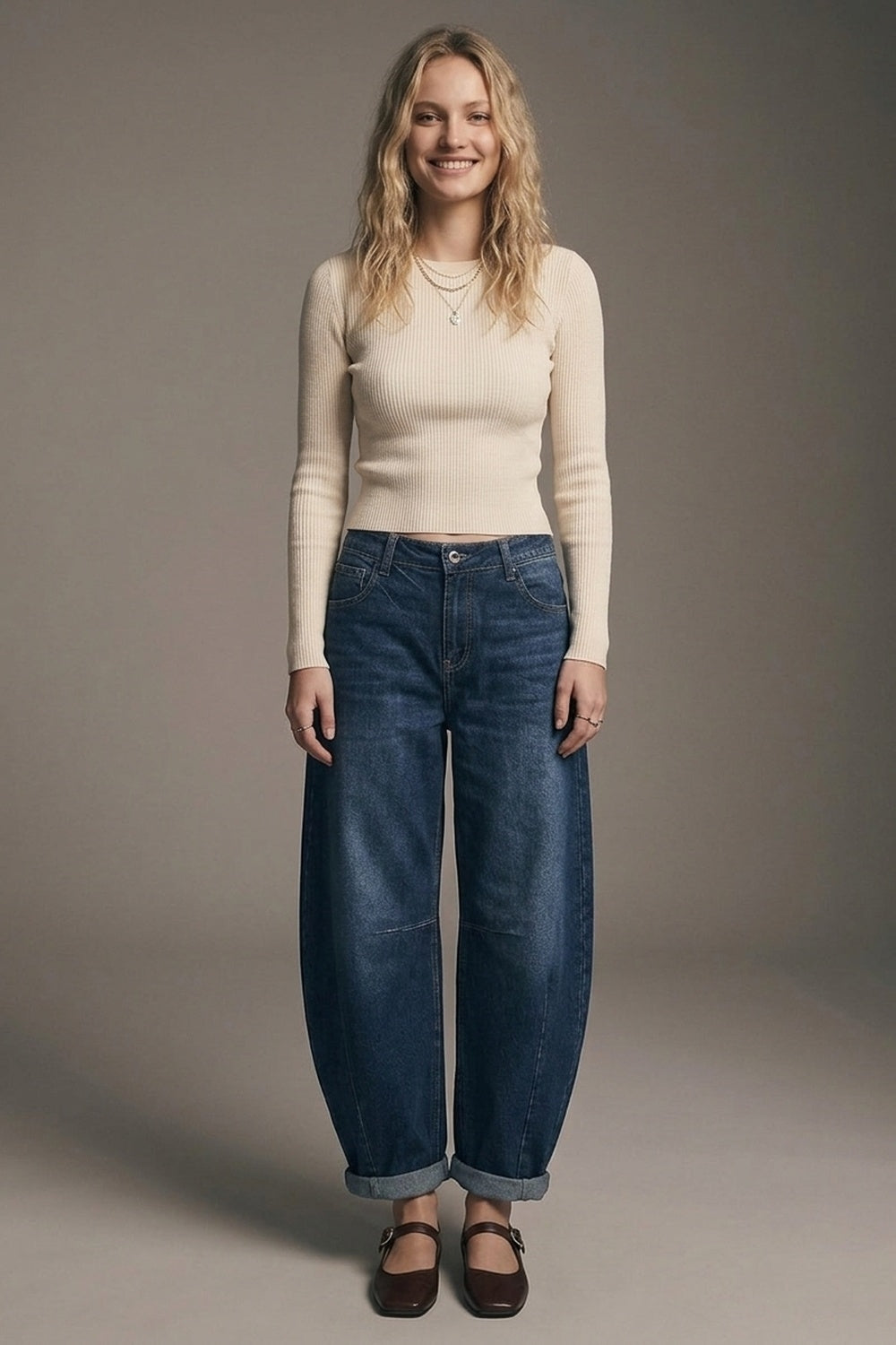 Barrel jeans with balloon-style knee seam detail - Denim