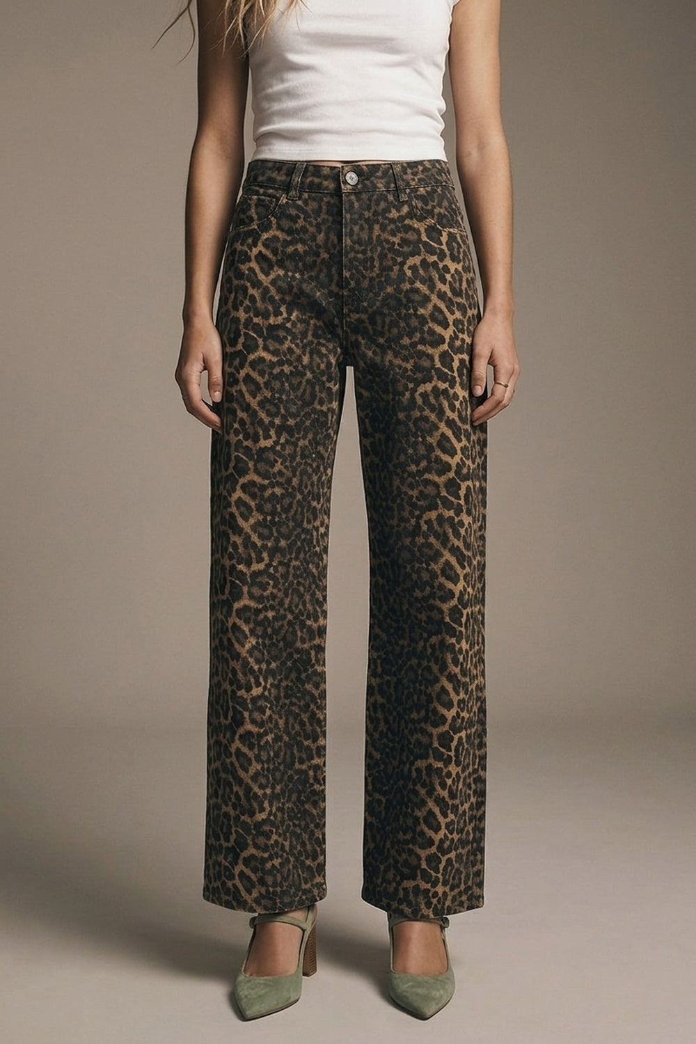 Leopard Print Straight Leg Jeans - trousers