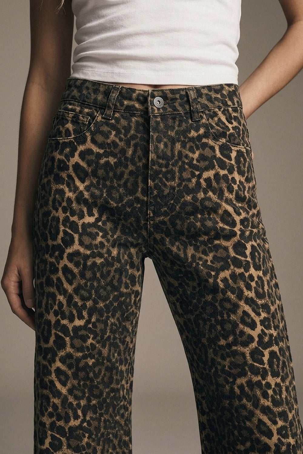 Leopard Print Straight Leg Jeans - trousers