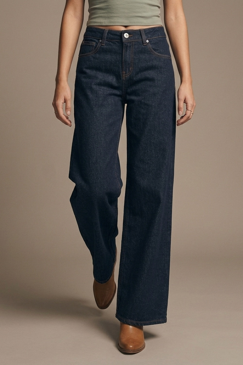 Dark Wash Wide Leg Jeans With Contrasting Stitching - Denim
