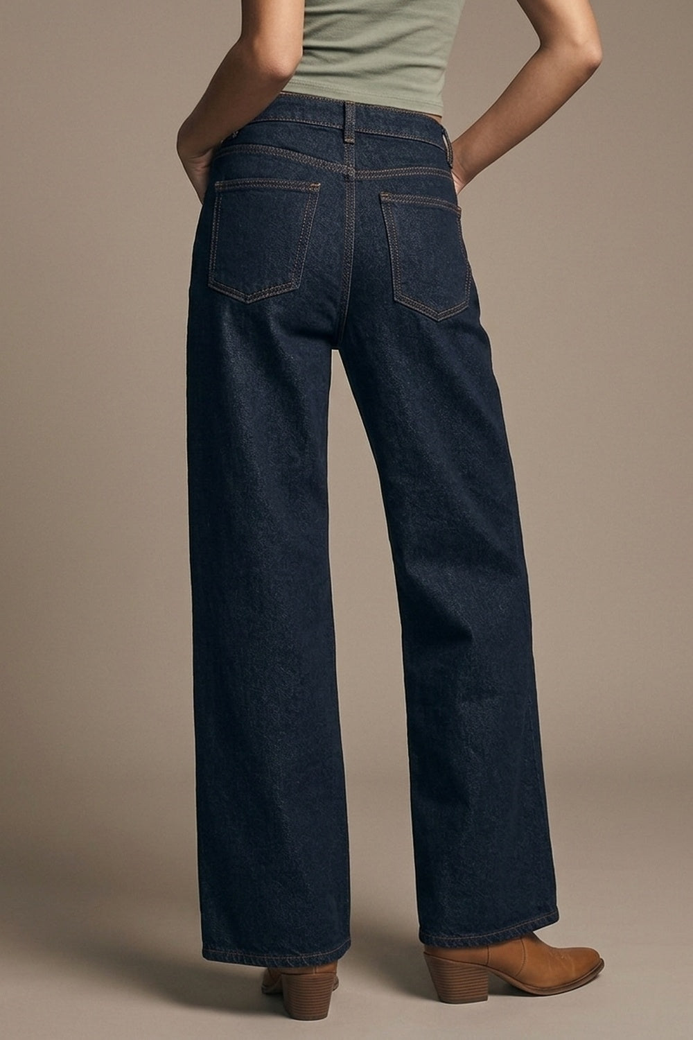 Dark Wash Wide Leg Jeans With Contrasting Stitching - Denim