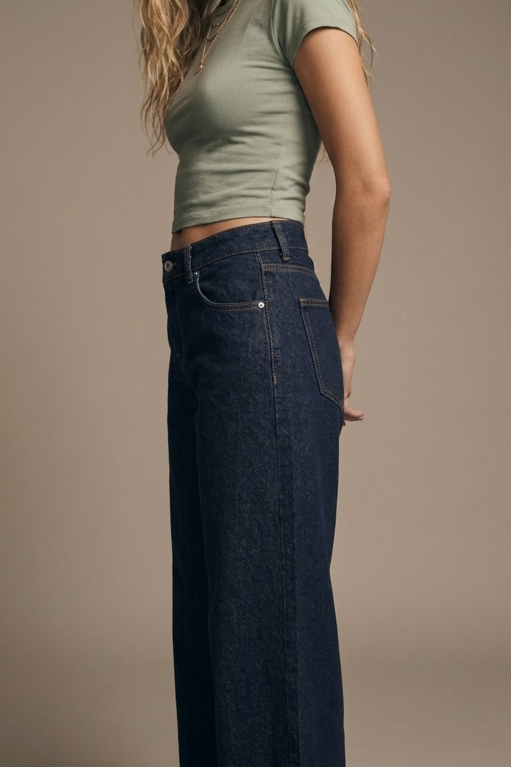 Dark Wash Wide Leg Jeans With Contrasting Stitching - Denim