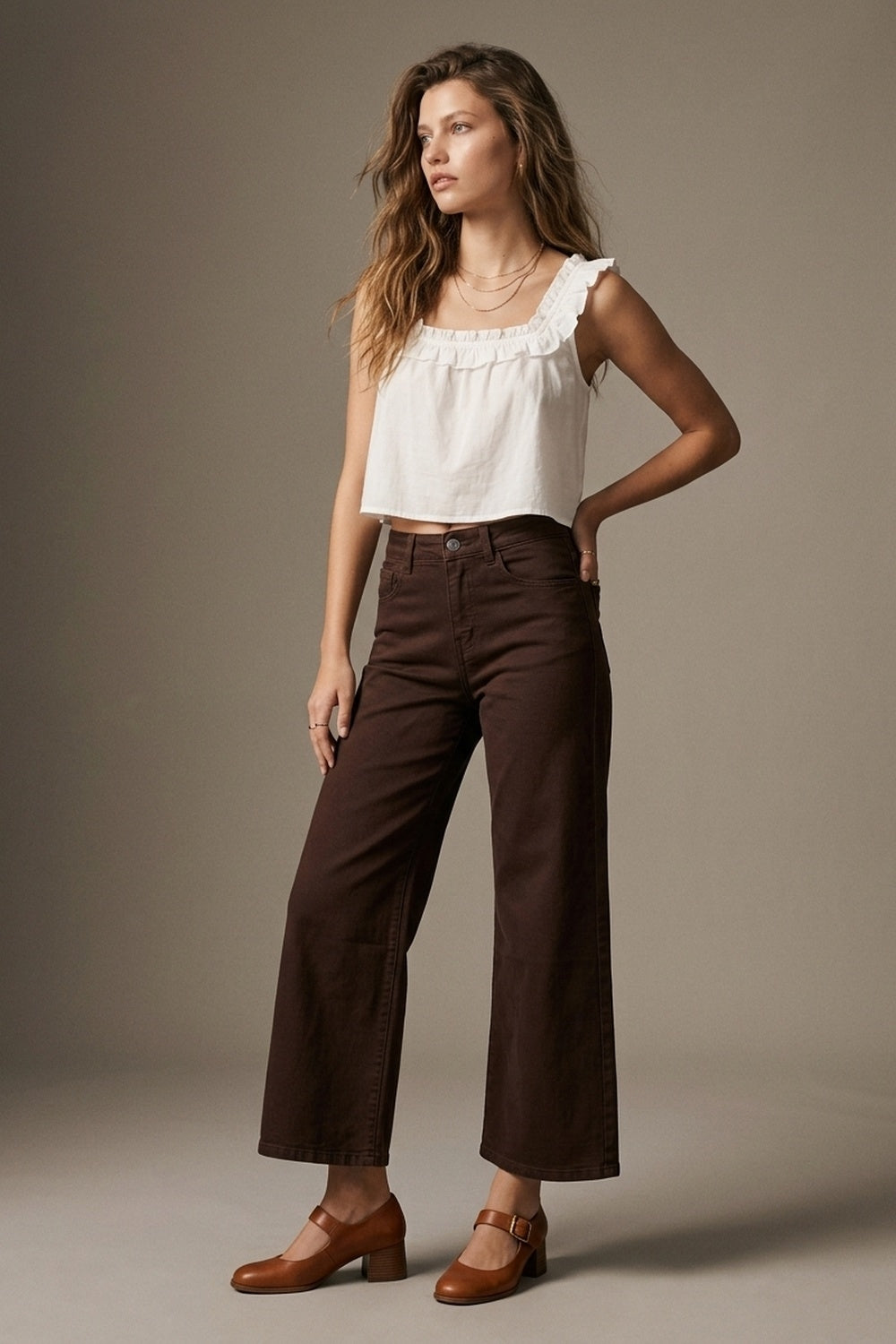 Wide Leg Cropped Jeans in Chocolate Brown - Coloured Jeans
