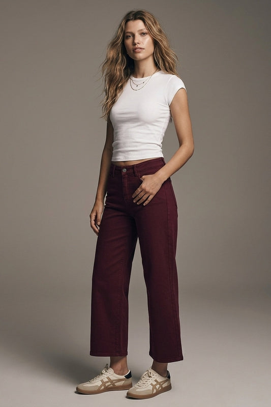 Cropped wide leg jeans in burgundy - Coloured Jeans