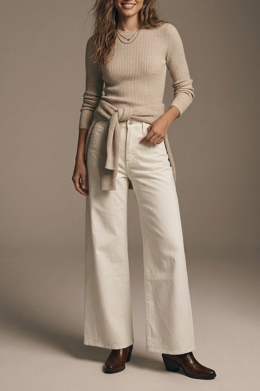Extra wide leg trousers in cream color - Coloured Jeans