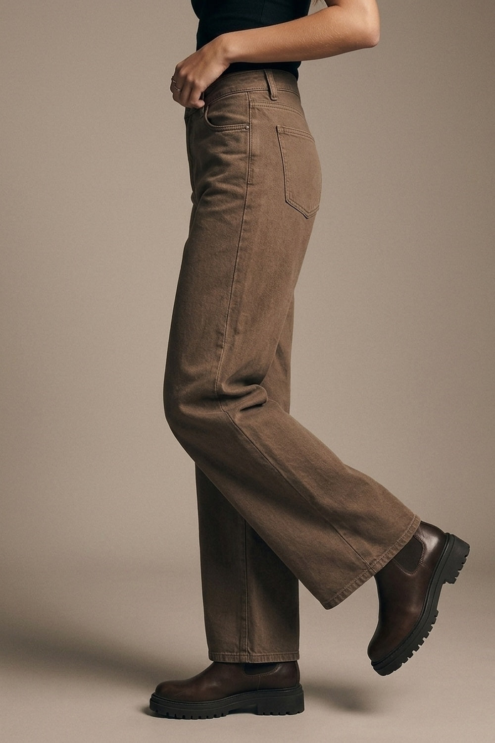Brown Wide-Leg Casual Cotton Denim Pants - Coloured Jeans