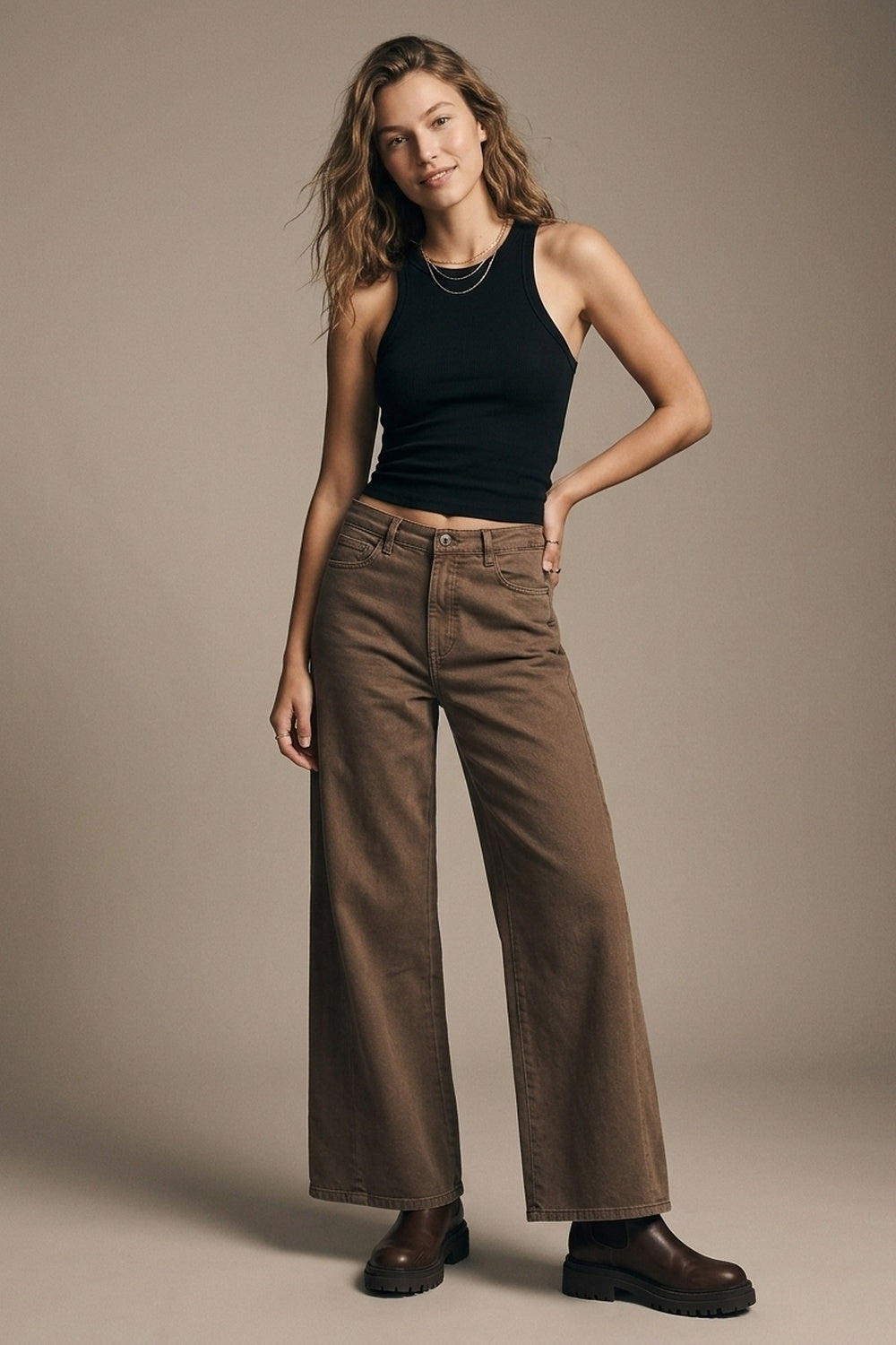 Brown Wide-Leg Casual Cotton Denim Pants - Coloured Jeans