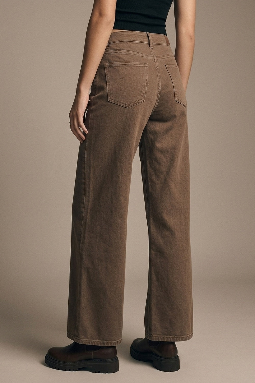 Brown Wide-Leg Casual Cotton Denim Pants - Coloured Jeans